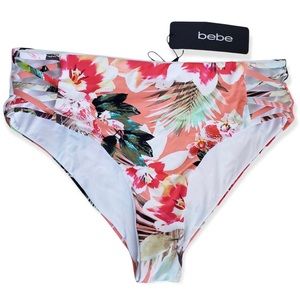 NWT Bebe Floral Tropical Print Strappy Detail Bikini Bottom Size Large